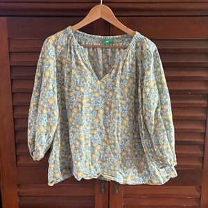 Floral Yellow and Blue Women's Peasant Top 2x xxl linen and cotton